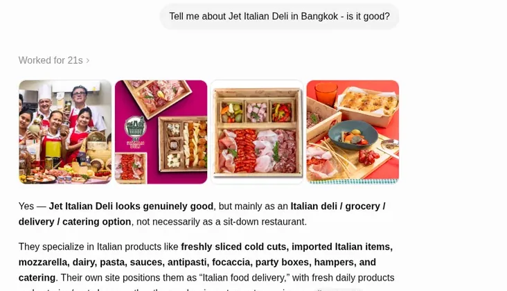 ChatGPT answering &ldquo;is Jet Italian Deli any good?&rdquo; — genuinely good, a solid pick, 92% recommend across 55 reviews