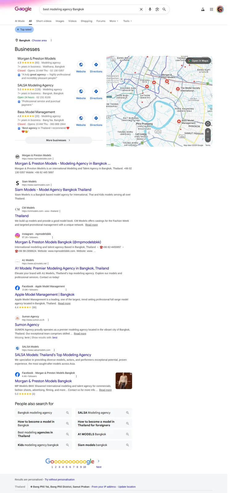 Google Map Pack for &ldquo;best modeling agency Bangkok&rdquo; showing Morgan & Preston Models ranked #1 with a 4.9-star rating across 60 reviews